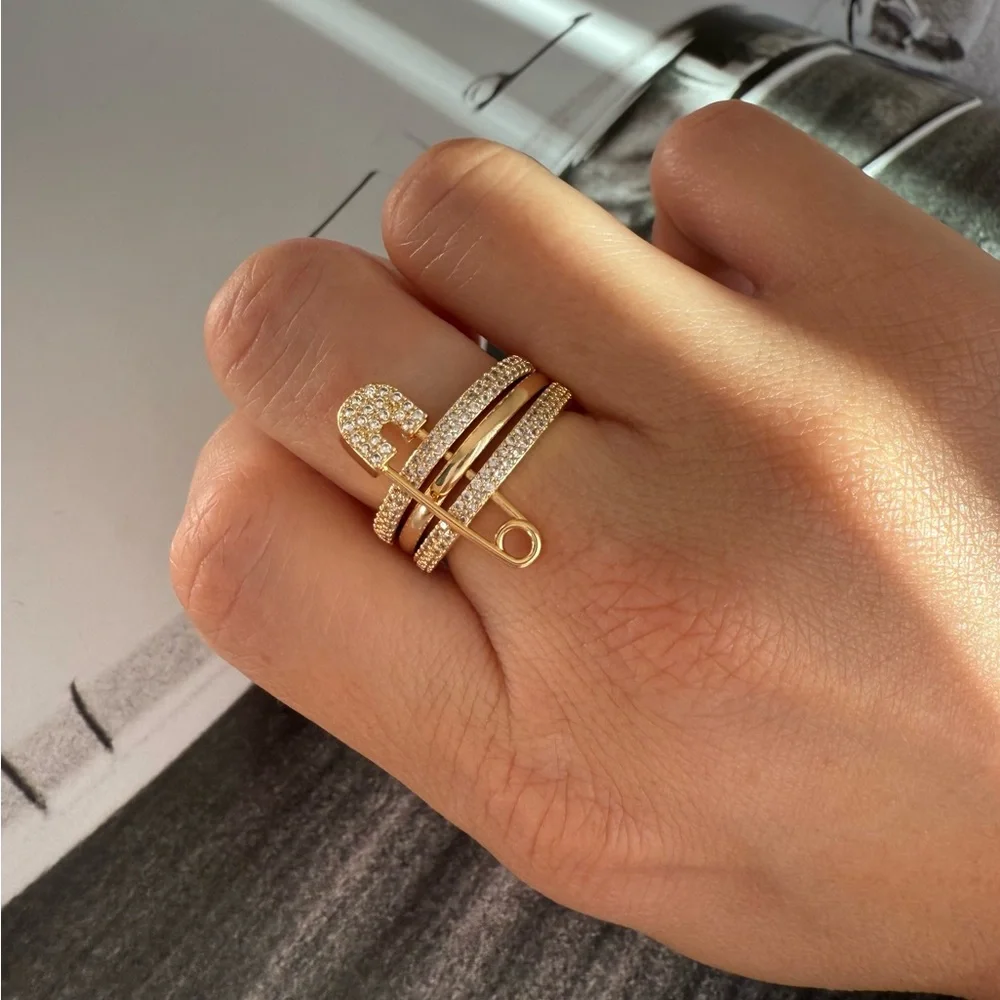 Nordstrom Gold Pavé Safety Pin Stackable Ring - Picture 5 of 7